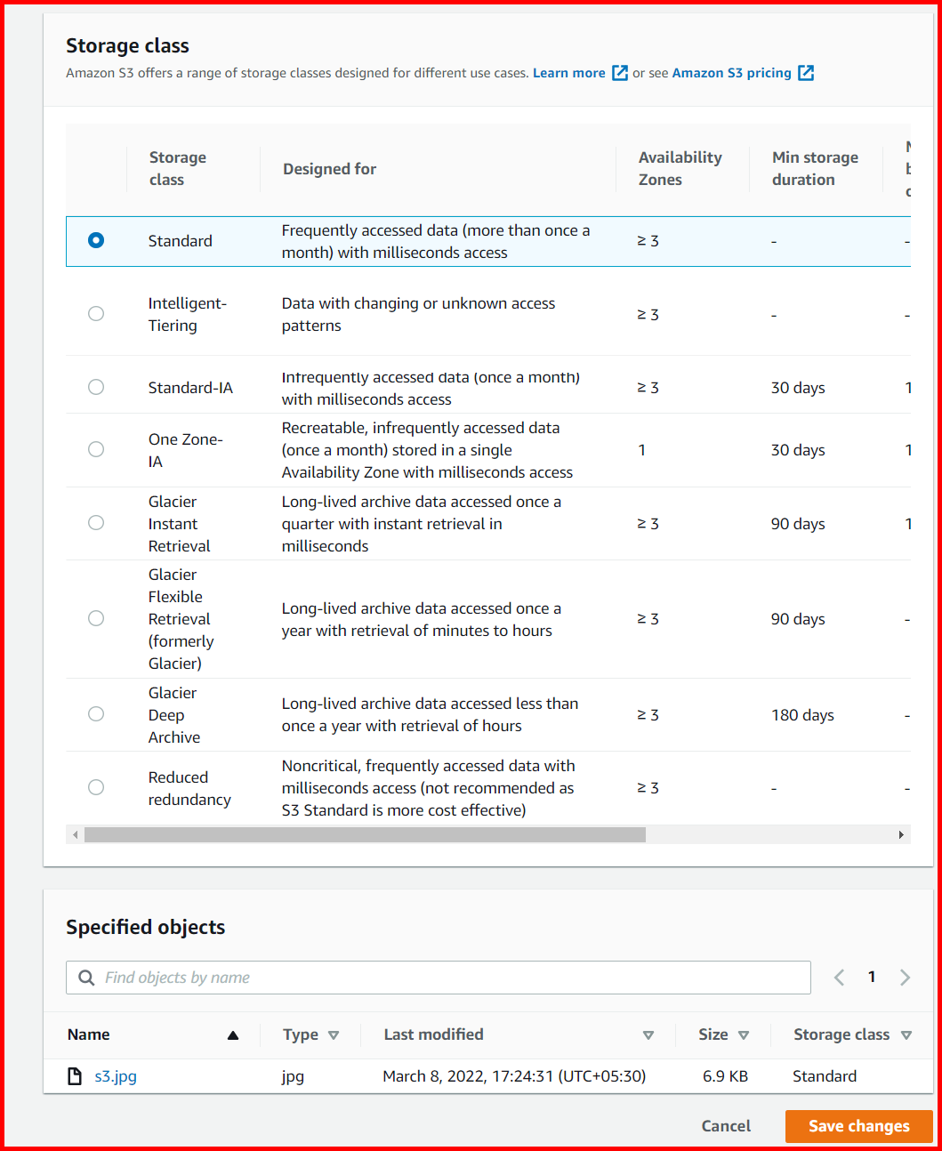 Picture showing selecting the storage class of the bucket
